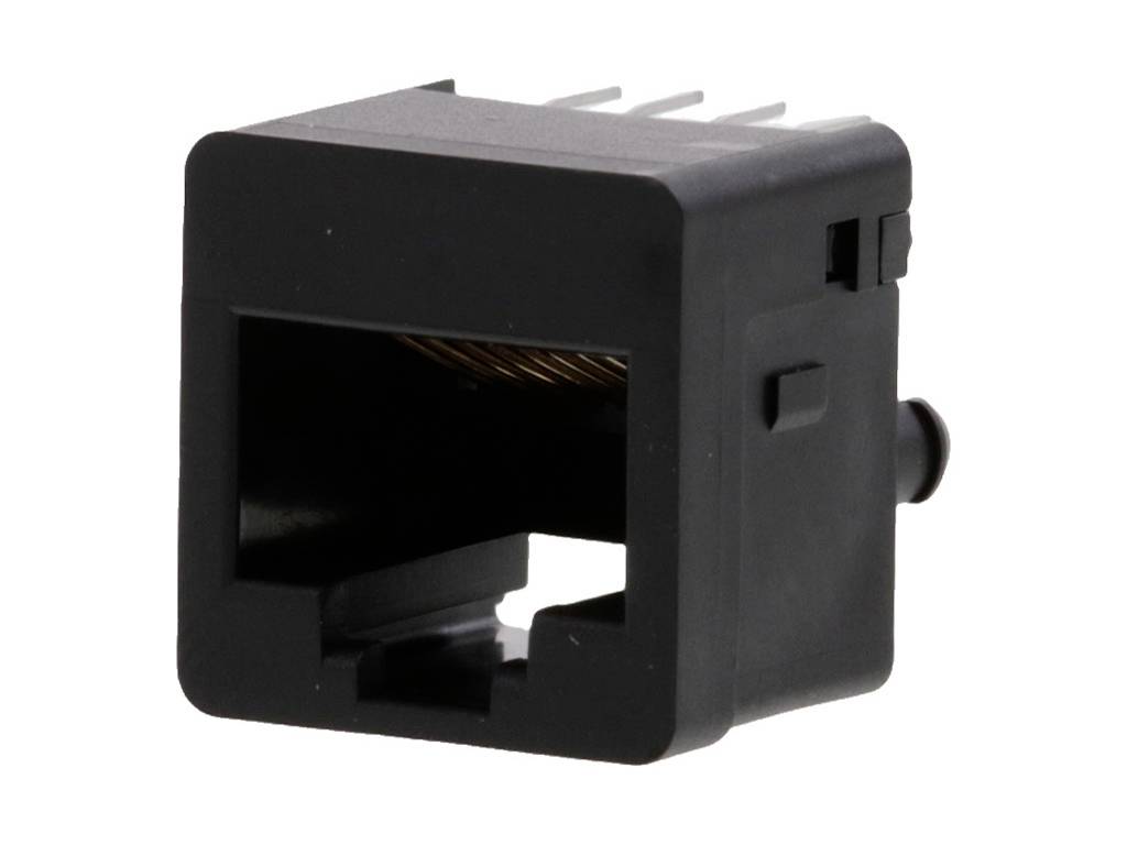 Black modular plug connector, similar to an RJ45 socket, with visible metal contacts inside. Used for data connections.