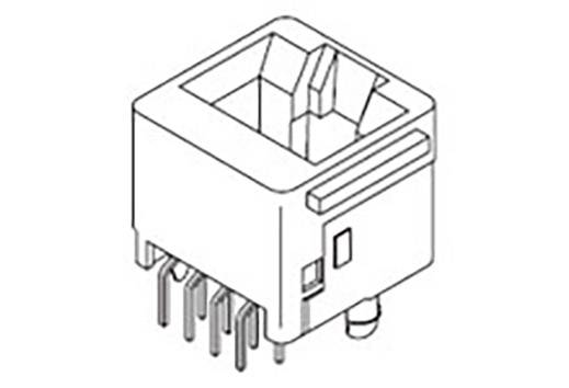 'Rear view of an RJ45 modular connector. It shows the connection pins and the socket for an Ethernet cable.'