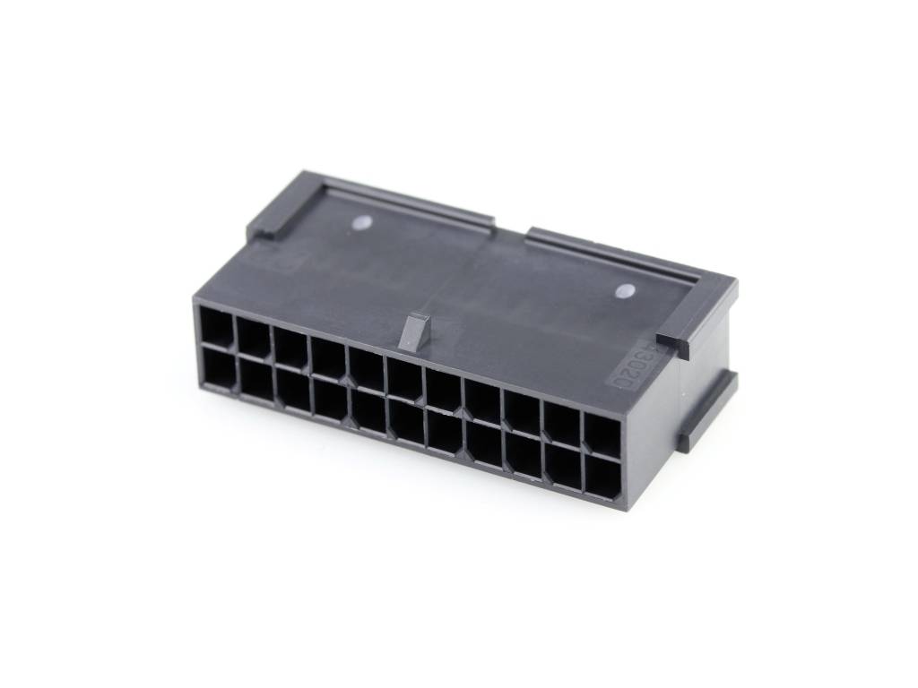A black 24-pin ATX connector for computer motherboards, which enables power supply and communication.
