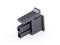 Black, rectangular plastic plug with two square openings. Used for electronic connections.