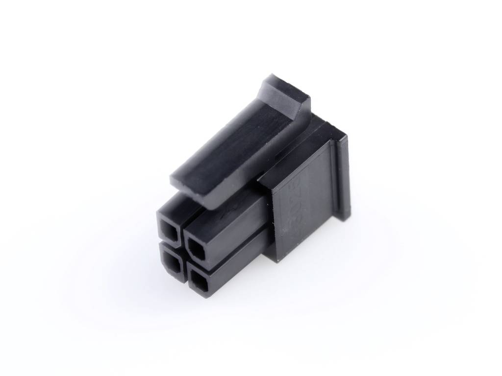 A black 4-pin rectangular connector typical of electronic devices, set against a white background.