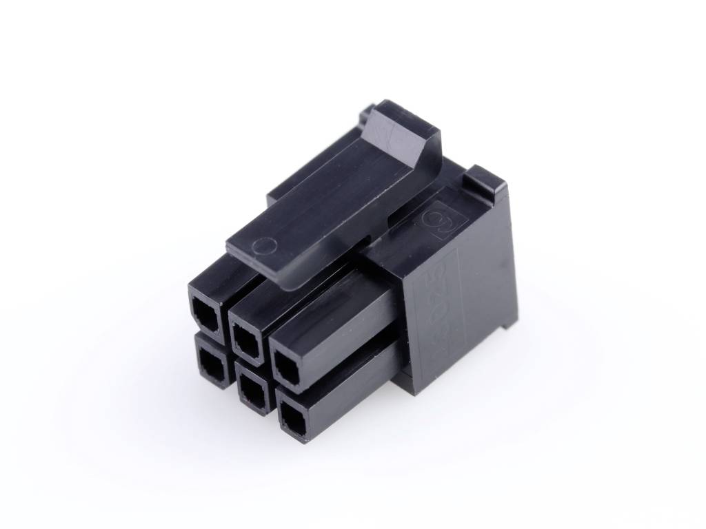 Six-pole black electrical connector with plastic housing, suitable for use in computers or electronic devices.