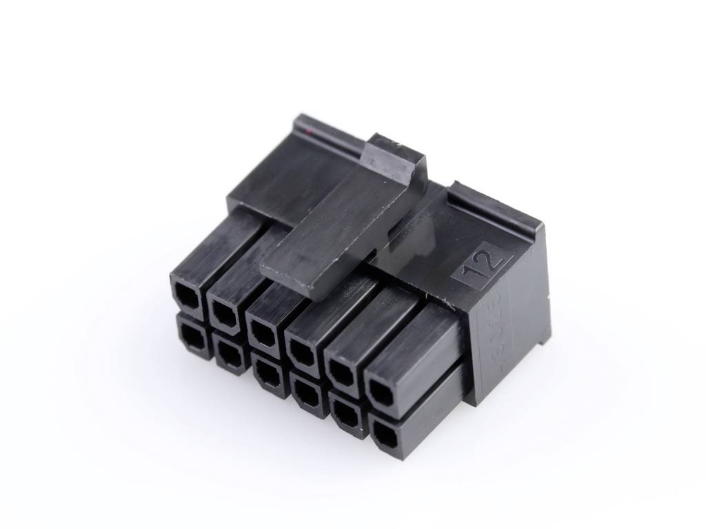 A black, rectangular connector with twelve square pins, arranged in two rows, depicted on a white background.