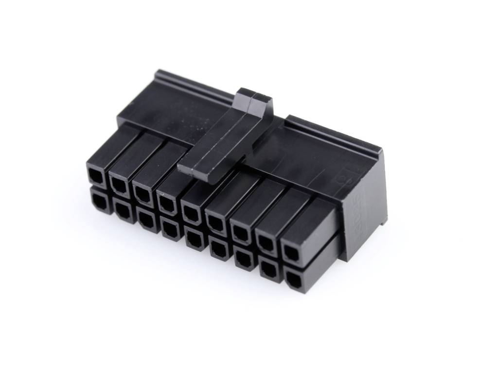 'Black 24-pin plug, commonly used in computers as the main power connector for the motherboard, on a white background.'