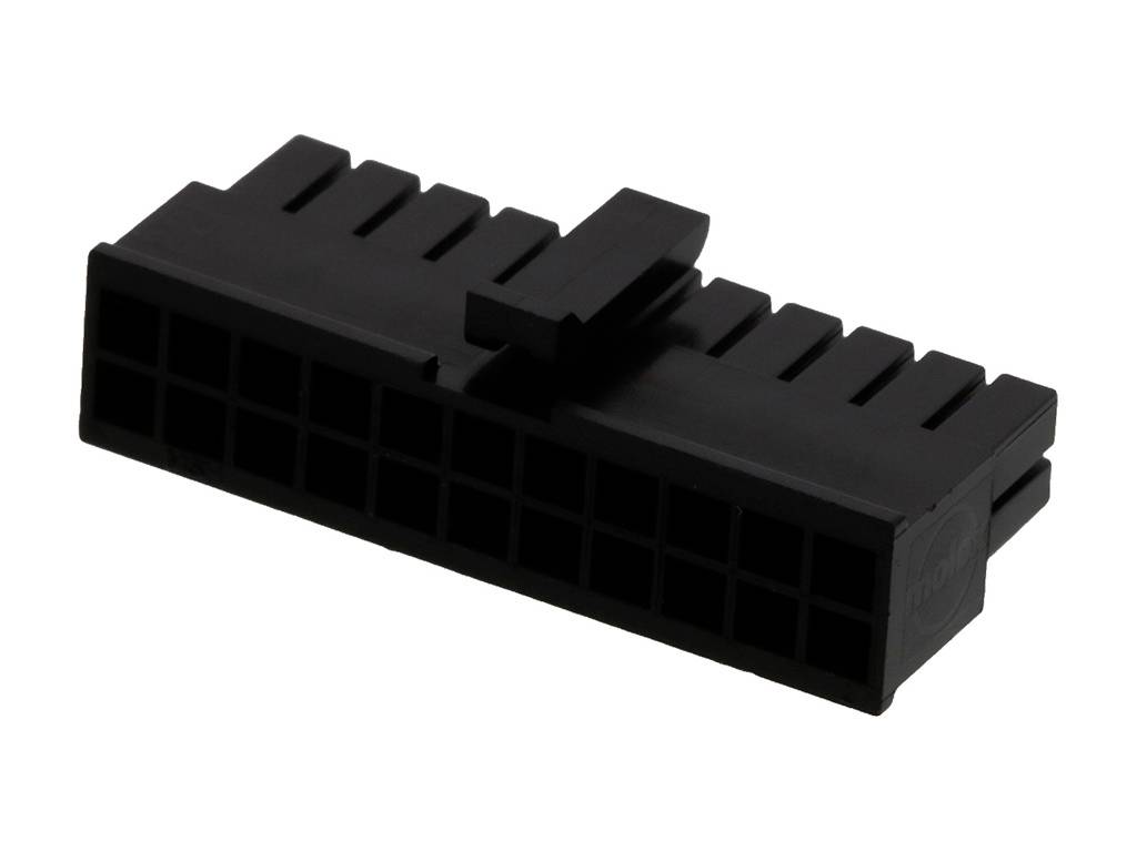 'Black 24-pin ATX power connector, typically used in PC power supplies to connect to the motherboard.'