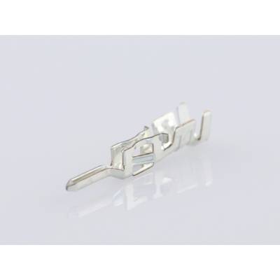 A small, silver metal pin with a complex shape lies on a white surface, slightly reflecting light.