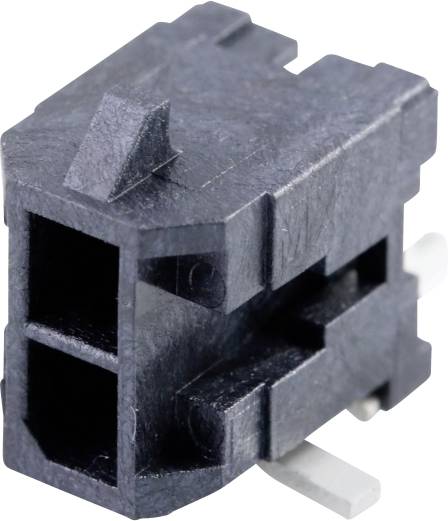 A black, rectangular electrical connector with two sockets and a pointed arrow on the top surface for orientation.