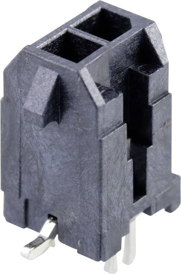 A black plastic connector with two rectangular slots and three metal pins for electronic connections.