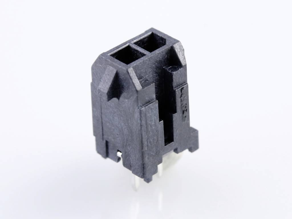 A black, rectangular connector with two socket openings on a white background.