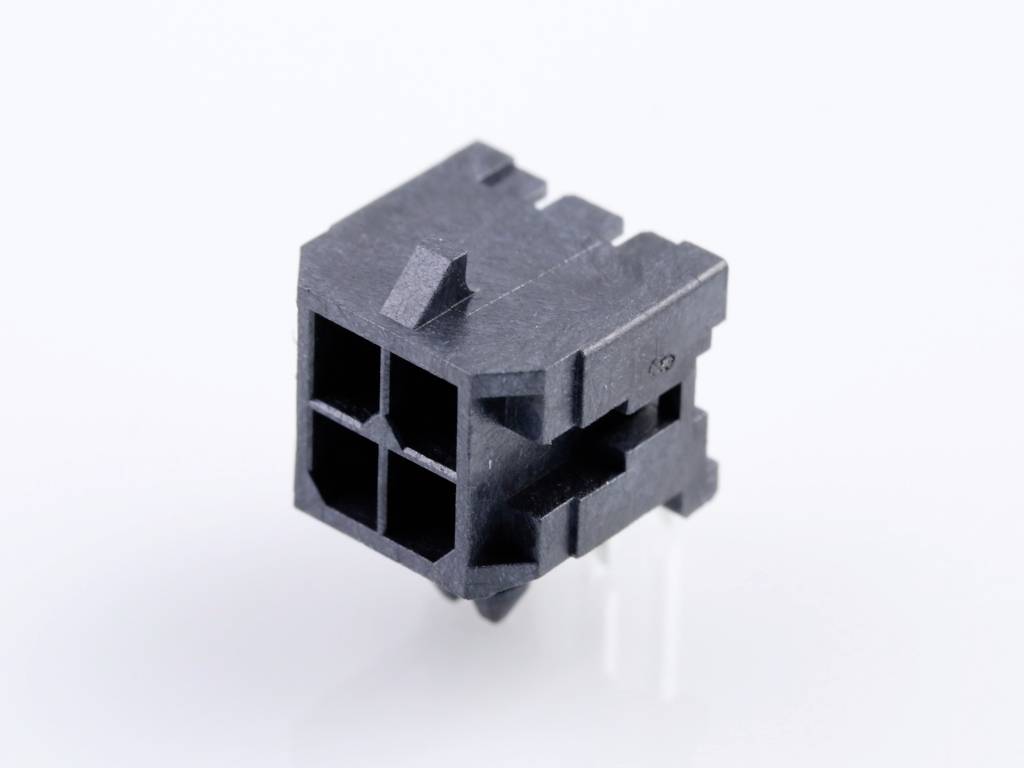 A black cube with four square openings, potentially a component for electronic devices, against a white background.