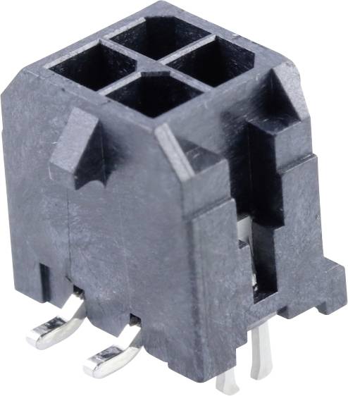 Black plastic plug for electronic connections, showing four square terminals and two metal pins at the bottom.