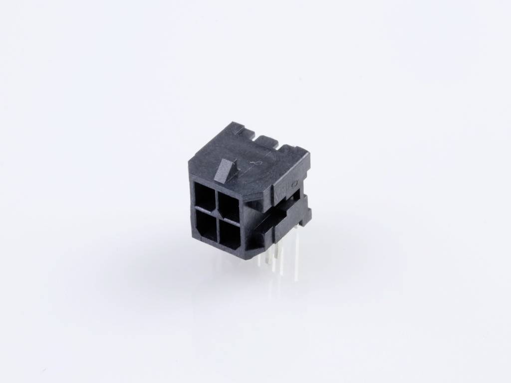 A black six-pin plug with several metal pins protruding, set against a light background.