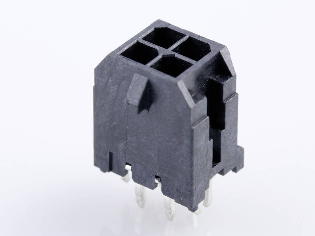 Electronic connector made of black plastic with four sockets and five metal pins on the underside, photographed against a white background.
