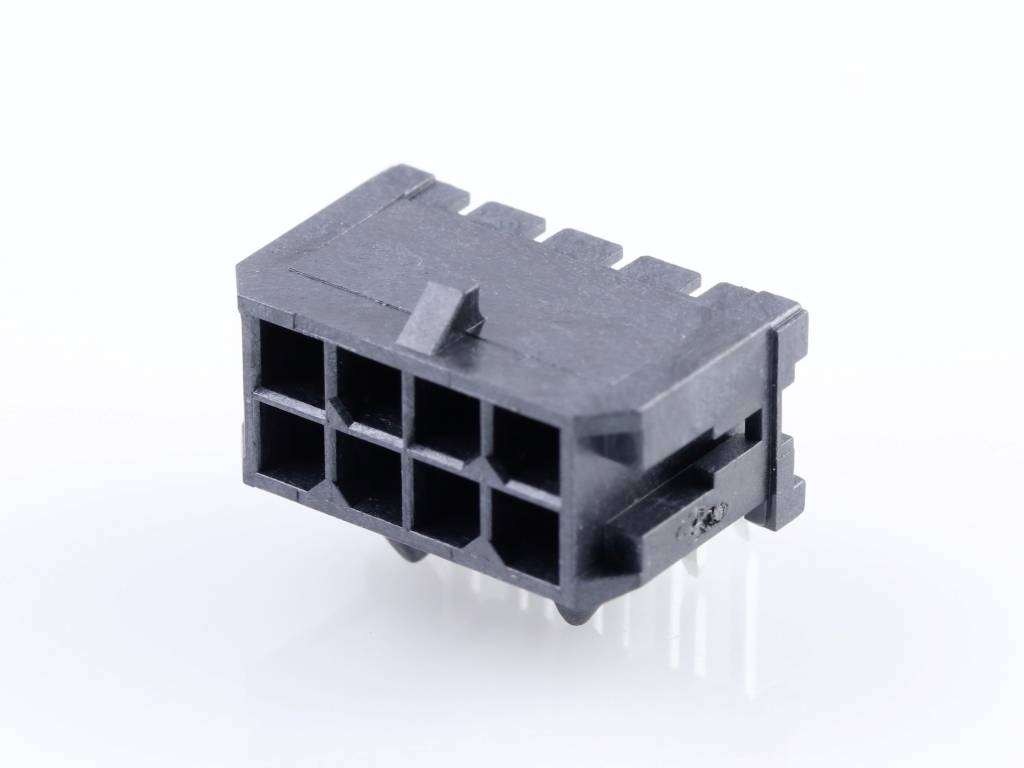A black 6-pin electrical connector with a rectangular housing and visible metal pins, positioned horizontally.