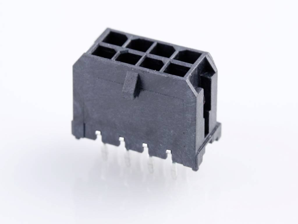 Black electrical connector with eight rectangular openings and six metal pins, on a white background.