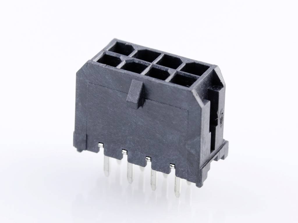 Black electrical multi-pin connector with metal pins, used for connecting electronic components.