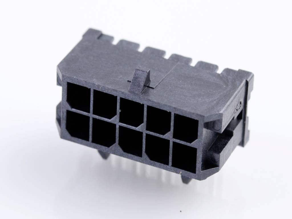 A black plastic plug with eight square pins, potentially for electronic connections in computers or devices.