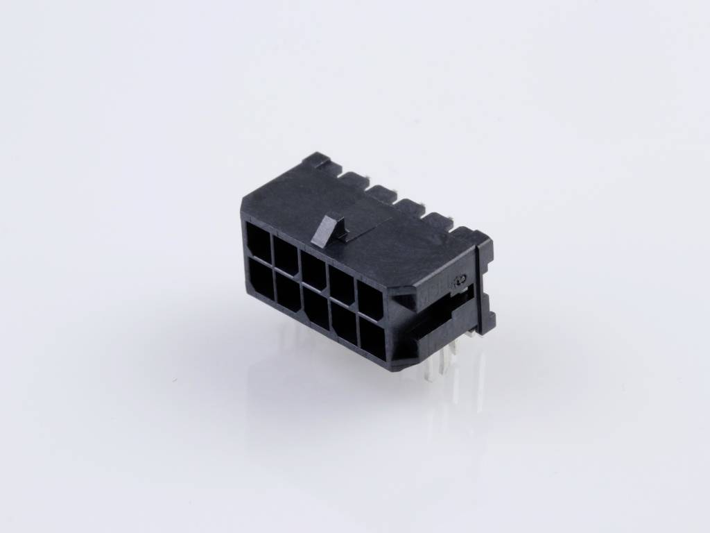A black 10-pin socket with a rectangular shape and multiple connections, positioned on a light surface.