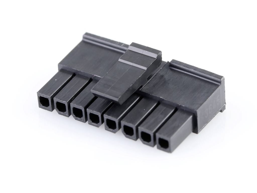 A black, eight-pin connector with a locking mechanism in the centre, on a white background.