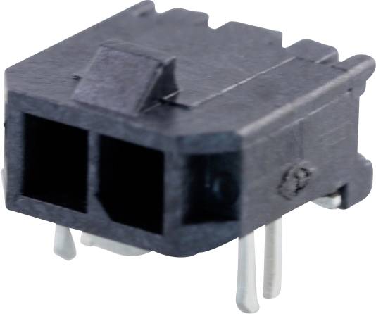 Close-up of a black electrical connector with two terminals and several metal contacts on its underside.