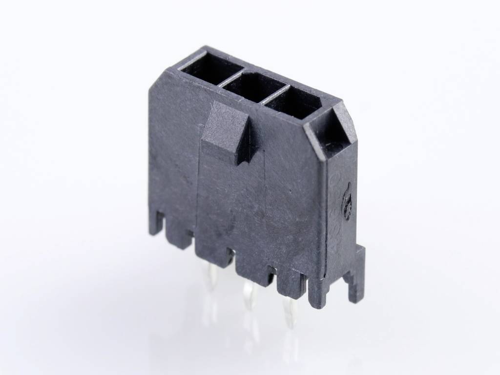 A black plastic plug with three rectangular openings and four metal pins, suitable for connecting electronic devices.