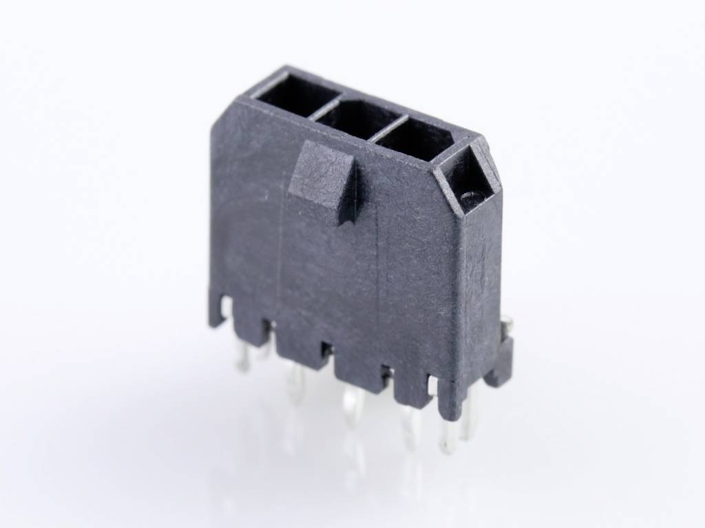 Black three-pin electrical connector with flat metal pins, used for electrical connections in electronic devices.