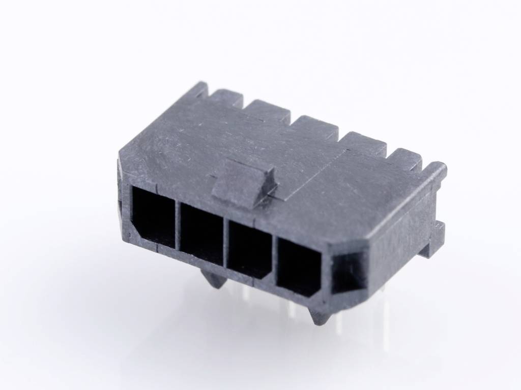 'Black plastic plug with four rectangular sockets on a white background.'