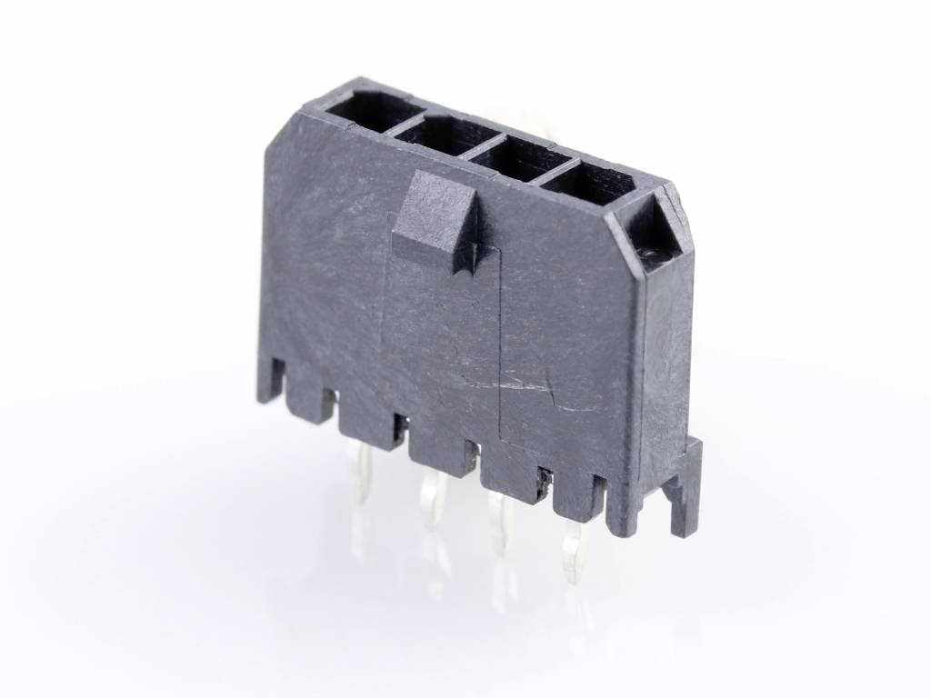 Black, right-angled connector with four pins protruding from the bottom. Suitable for use on an electronic circuit board.