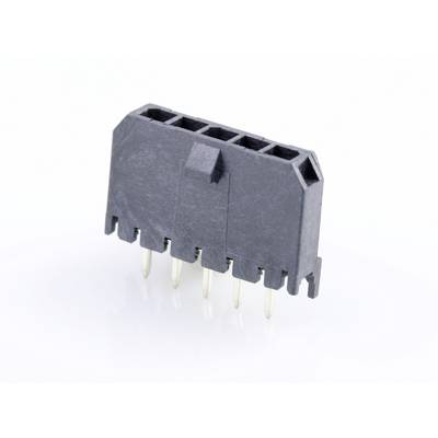 'Black, rectangular connector with five metal pins pointing downwards, pictured on a white background.'