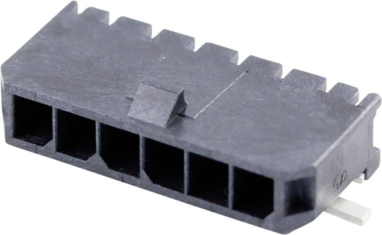 A black, rectangular plastic plug with five openings, visible from the side. Use this plug for electrical connection.