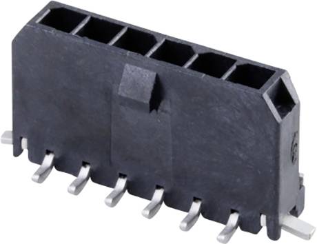 A black, rectangular electrical connector with six metal pins, suitable for electrical or electronic applications.
