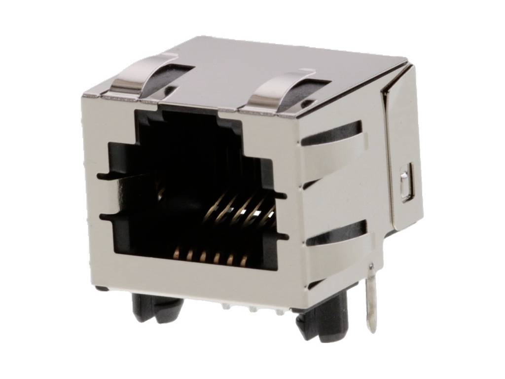 Metal RJ45 network socket from a close-up view.