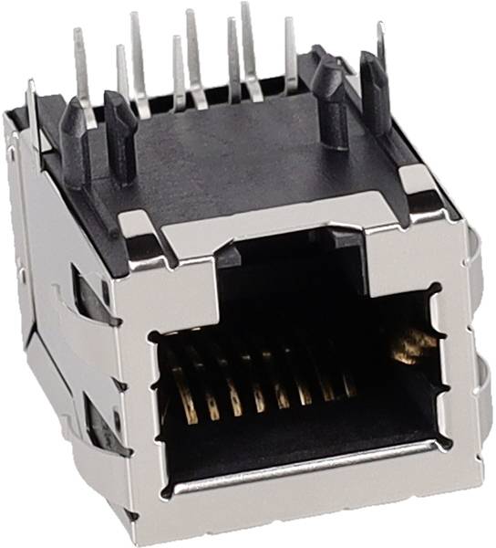 A close-up of a metal and plastic Ethernet port connector with visible pins, used for networking and internet connectivity.