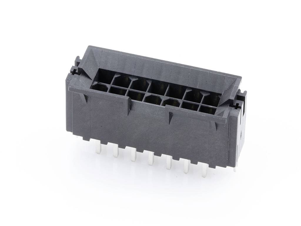 A black, rectangular electrical connector with multiple pins on its underside, isolated on a white background.