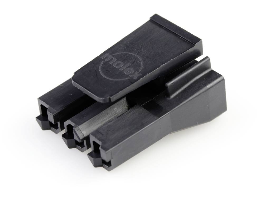 Black Molex connector with three pins, side view. Used for electrical connection in computers and electronic devices.