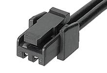 Black two-pole plug with rectangular profile and two visible metal pins, suitable for electrical connections.
