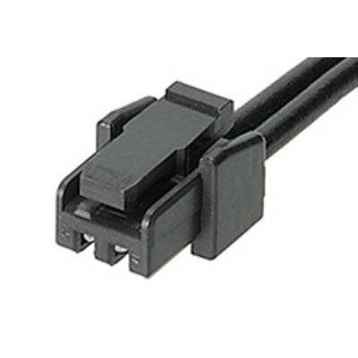 A black, rectangular electrical connector with two parallel cables. Suitable for electronic devices and connections.