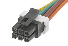Black 6-pin plug with colour-coded cables (yellow, green, red, orange), showing connections and wiring details.