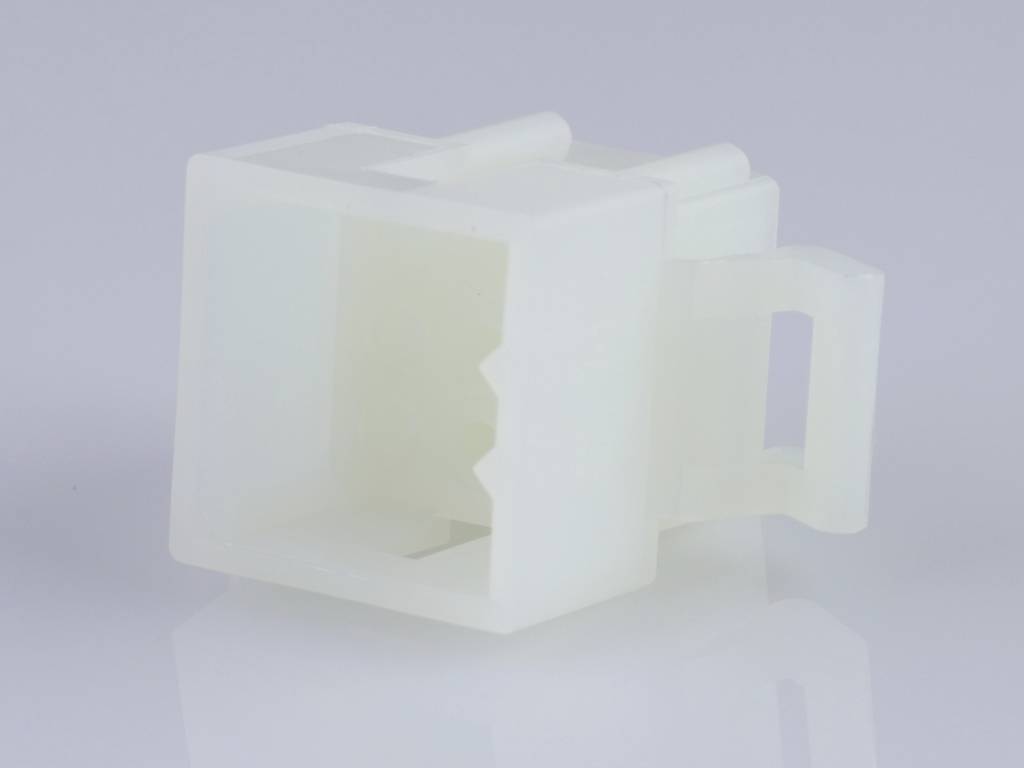 White plastic connector with a square opening, side mounting, and smooth surface. Used in electronic devices.
