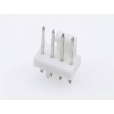 A white plastic plug with five long silver metal pins arranged in a row. Background is white.