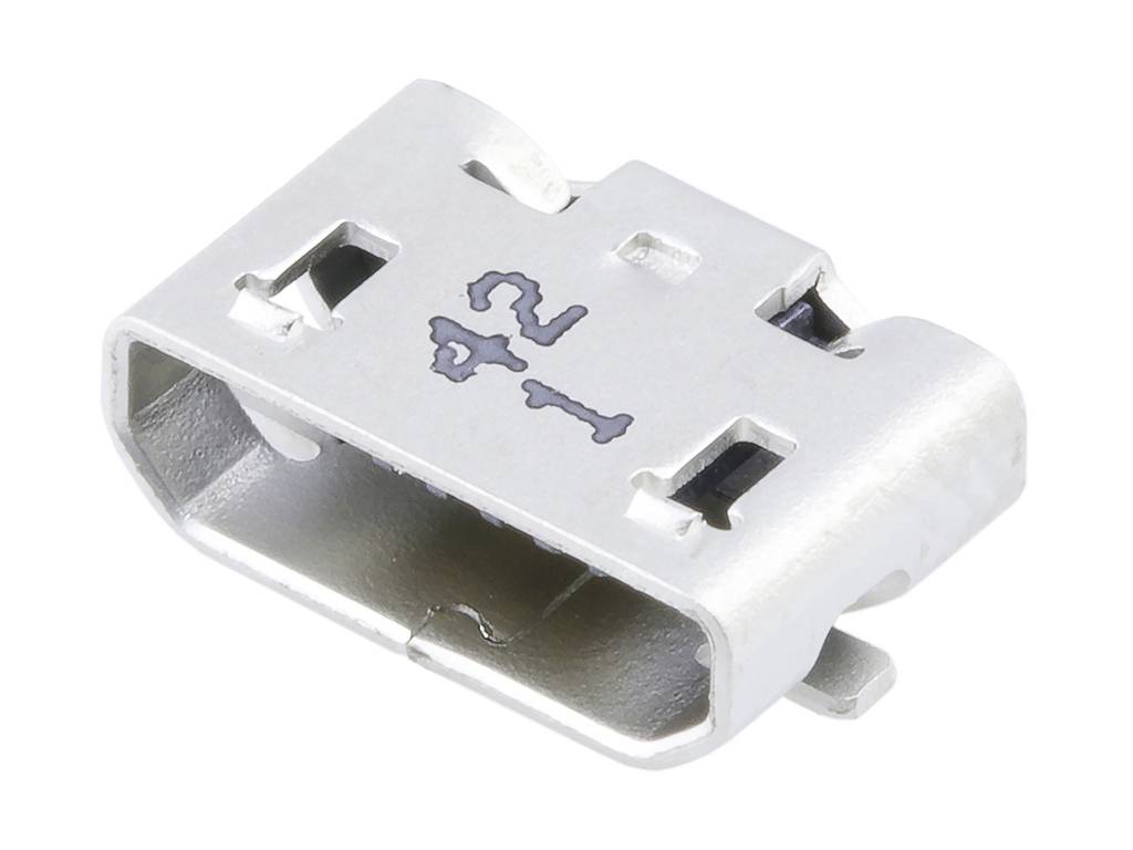 Silver metal micro-USB plug viewed from above, with two side mounting clips for installation.