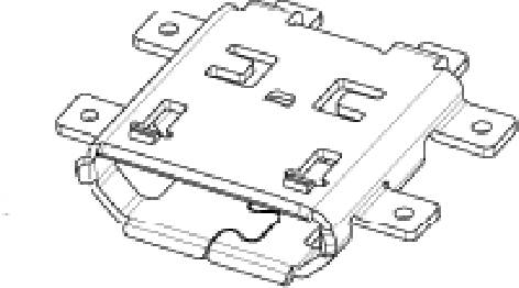 Black and white drawing of a technical connector. Rectangular shape with multiple mounting tabs on the sides.