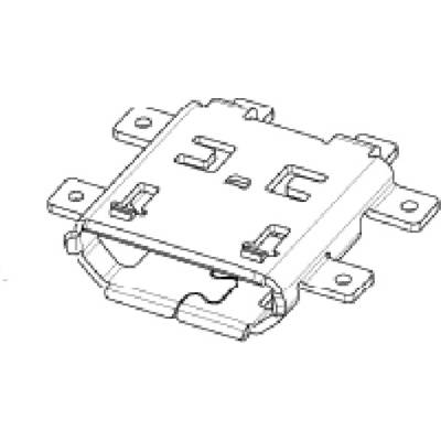 Black and white drawing of a technical connector. Rectangular shape with multiple mounting tabs on the sides.