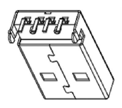 Socket with a rectangular shape, showing four parallel metal pins at the top and two square openings at the bottom.