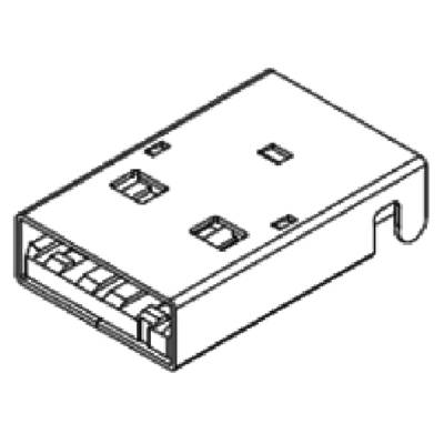 A schematic drawing of a USB connector showing its rectangular shape and the position of the electrical contacts.