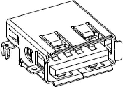 'Technical drawing of a rectangular connector with two sockets and retaining elements on the sides.'