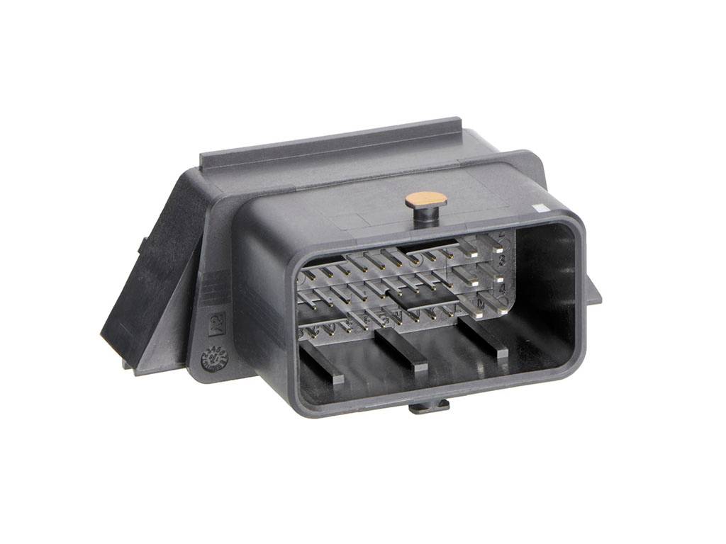Black multi-pin connector with a rectangular plastic housing. Suitable for electrical connections.