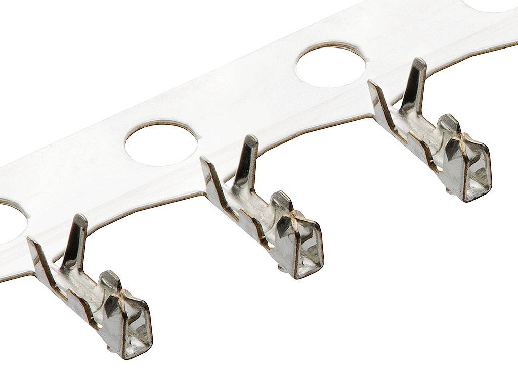 Metal clips on a strip with round holes in between, presumably for electrical connections or industrial applications.