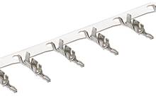 Metal connector strip with five contact pins on a white background.