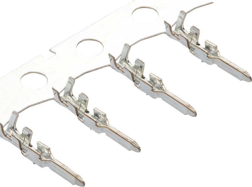 Metal clips on a white plastic band used for fastening or connecting electronic components.